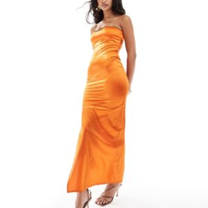 ASOS DESIGN stretch satin bodycon midi dress with picot trim in bright orange