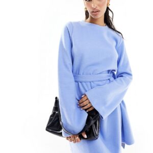 ASOS DESIGN supersoft flare sleeve jumper swing mini dress with belt in baby blue