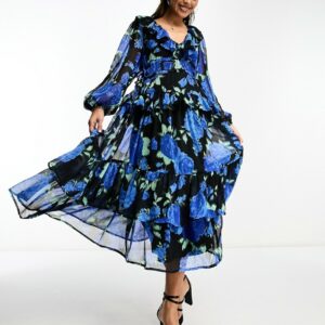 ASOS DESIGN tiered maxi dress with frills in black based blue floral print-Multi