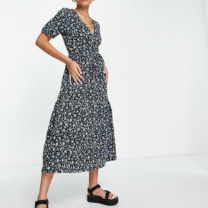 ASOS DESIGN tiered midi wrap dress with puff sleeve in black floral-Multi