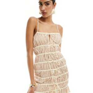 ASOS DESIGN tiered mini dress with contrast tie straps in stone-White