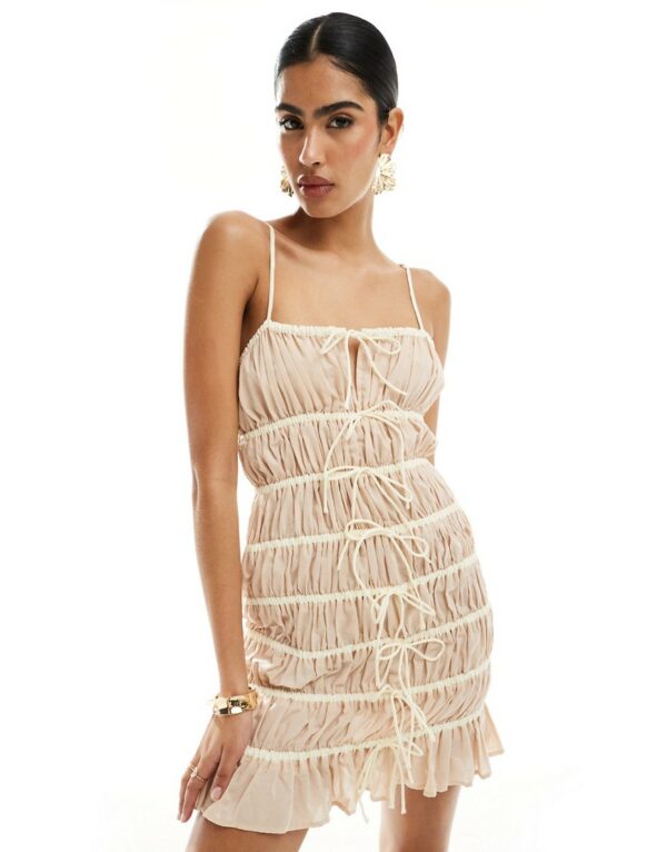 ASOS DESIGN tiered mini dress with contrast tie straps in stone-White