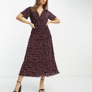 ASOS DESIGN tiered wrap front midi plisse dress in pink and black ditsy