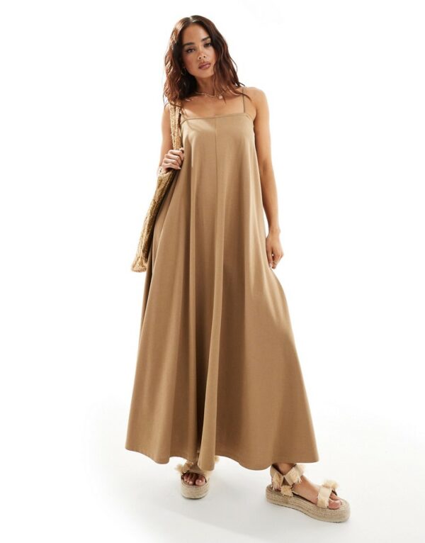 ASOS DESIGN trapeze midi cami dress in camel-Multi