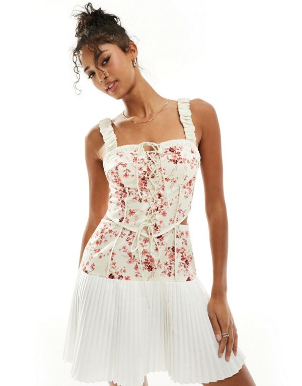 ASOS DESIGN twill corset mini dress with lace up & pleated skirt in pink floral print-Multi