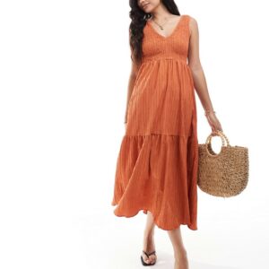 ASOS DESIGN v-neck crinkle midi sundress with tiered skirt in peach-Multi