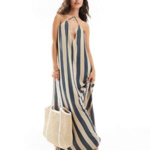 ASOS DESIGN viscose trapeze maxi dress in navy and beige stripe-Multi