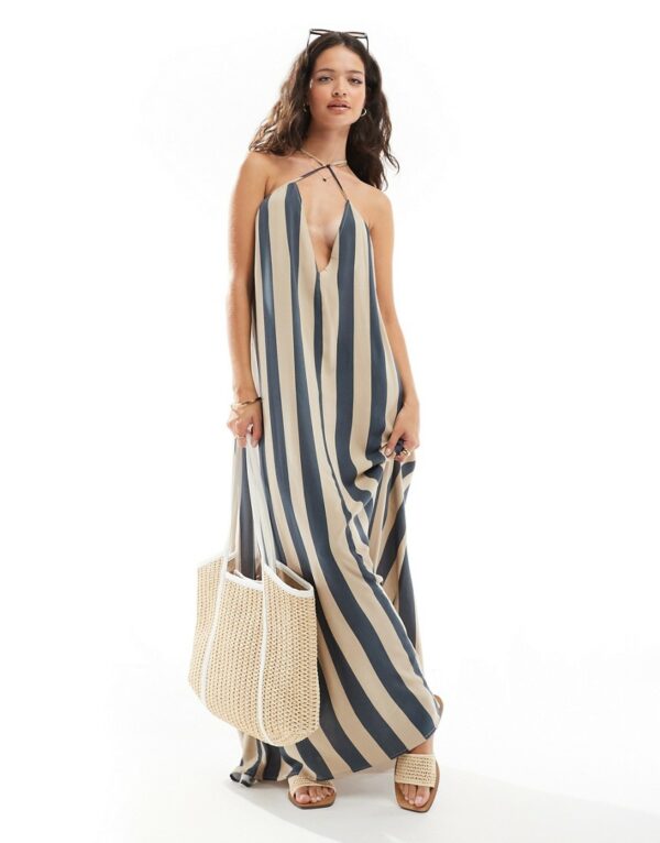 ASOS DESIGN viscose trapeze maxi dress in navy and beige stripe-Multi