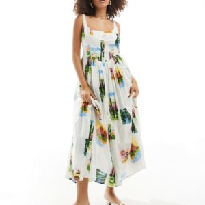 ASOS DESIGN voile picnic midi sundress in postcard print-Multi