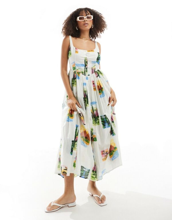 ASOS DESIGN voile picnic midi sundress in postcard print-Multi