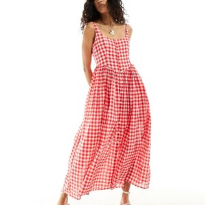 ASOS DESIGN voile picnic midi sundress in red gingham-Multi