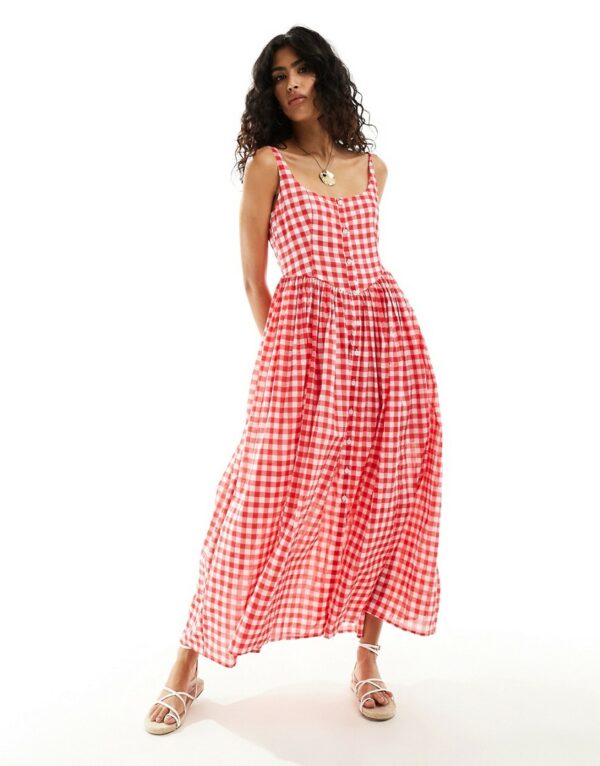 ASOS DESIGN voile picnic midi sundress in red gingham-Multi