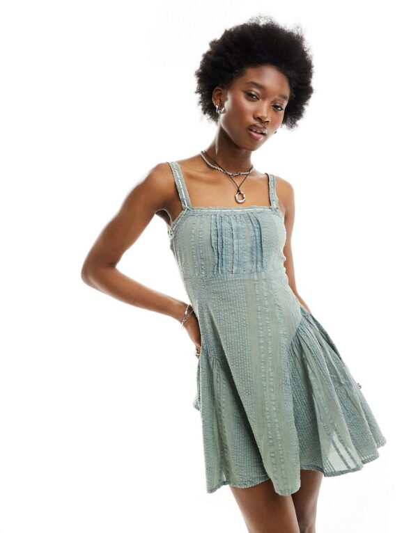 ASOS DESIGN washed mini slip sundress with ribbon detail in washed khaki-Green