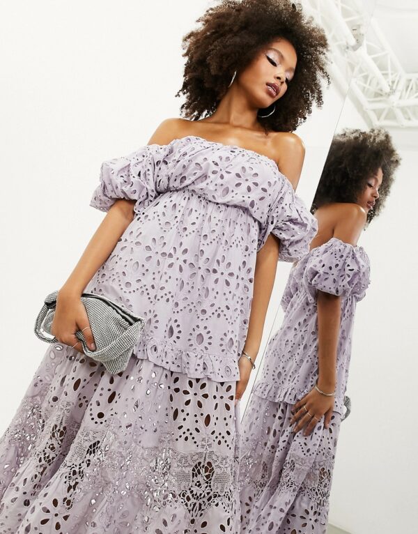 ASOS EDITION blouson off shoulder tiered broderie midi dress in lilac-Purple