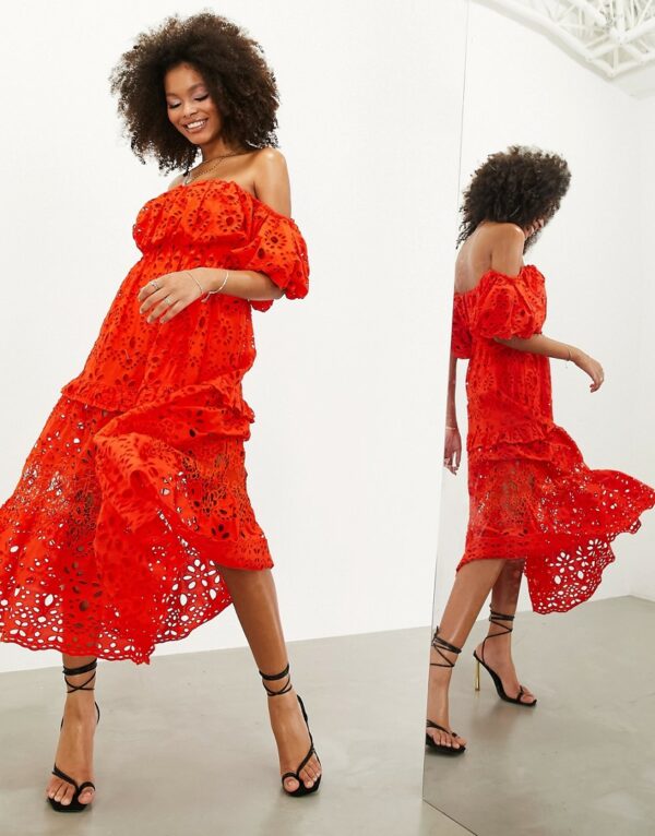 ASOS EDITION blouson off shoulder tiered broderie midi dress in tomato red