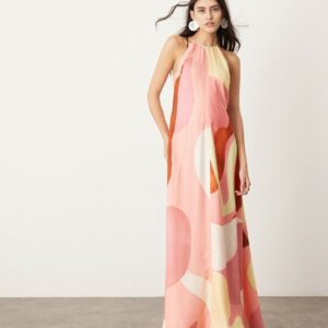 ASOS EDITION clean halter trapeze maxi dress with pockets in abstract print-Multi