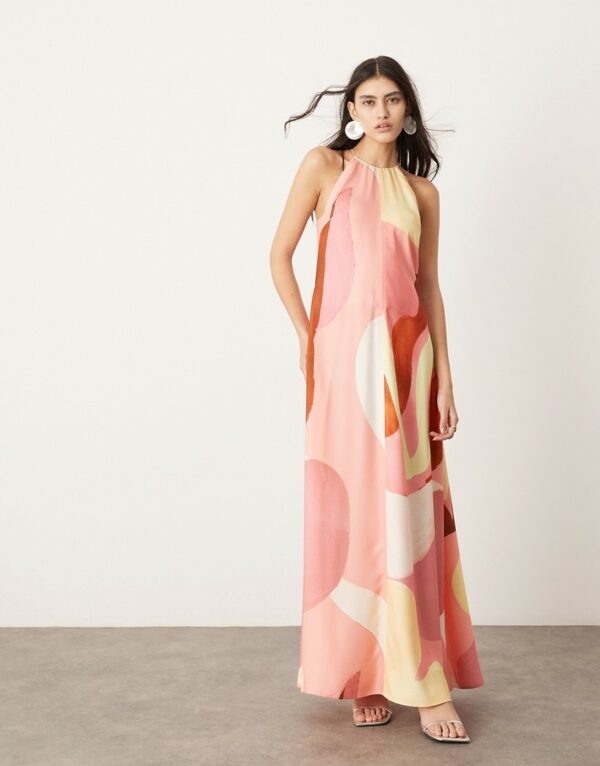 ASOS EDITION clean halter trapeze maxi dress with pockets in abstract print-Multi