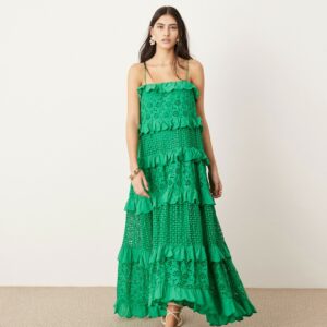 ASOS EDITION strappy broderie trapeze tiered maxi dress in mid green