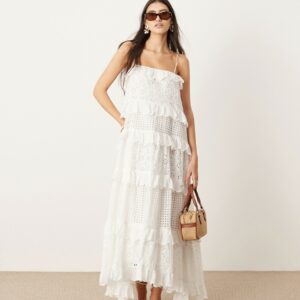 ASOS EDITION strappy broderie trapeze tiered maxi dress in white