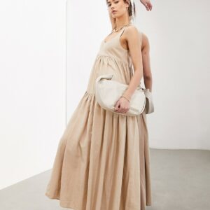 ASOS EDITION super full scoop neck tiered maxi dress in oatmeal-Neutral