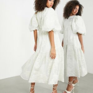 ASOS EDITION tiered metallic floral jacquard midi dress in ivory-White