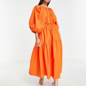 ASOS EDITION tiered midi dress with puff sleeve and tie back in bright orange