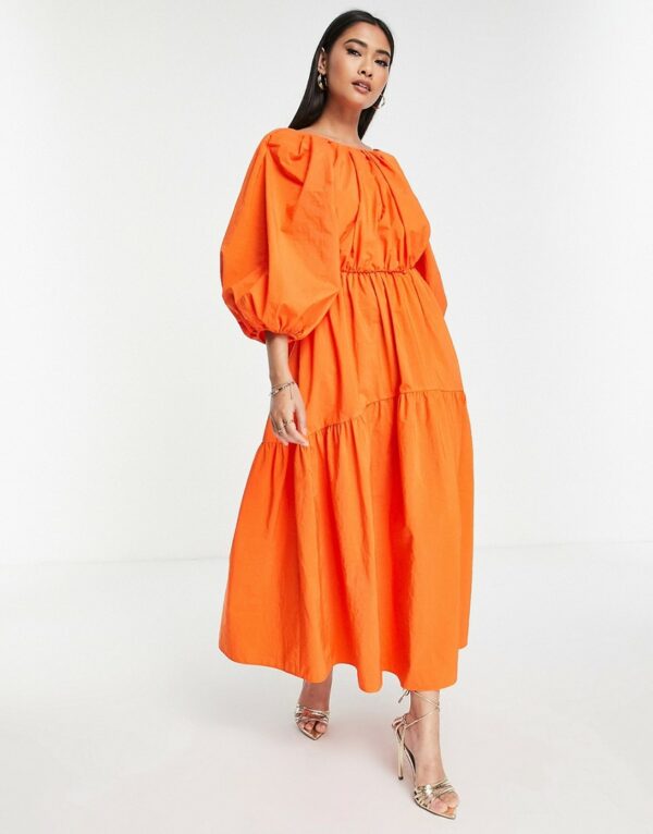 ASOS EDITION tiered midi dress with puff sleeve and tie back in bright orange