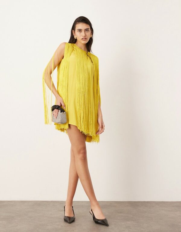 ASOS EDITION ultimate fringe trapeze mini dress in yellow-Black