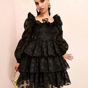 ASOS LUXE organza tiered polka dot mini dress with blousons sleeve and ruffle detail in black