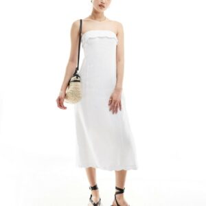 Abercrombie & Fitch linen blend midi strapless dress with scallop edge in white