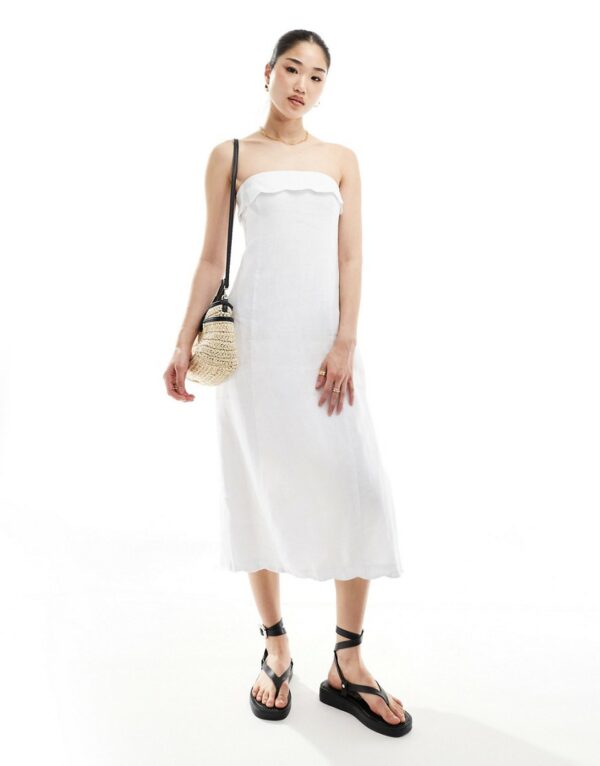 Abercrombie & Fitch linen blend midi strapless dress with scallop edge in white