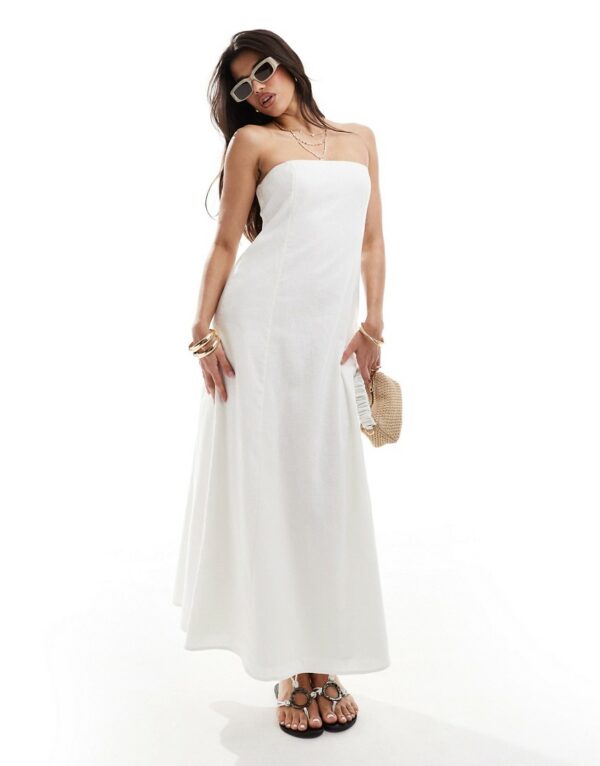 Abercrombie & Fitch linen blend strapless midi dress in white