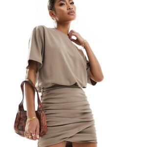 Abercrombie & Fitch ruched wrap front dress in taupe-Neutral