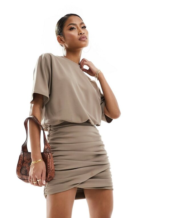 Abercrombie & Fitch ruched wrap front dress in taupe-Neutral