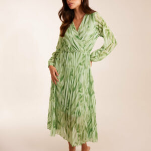 Abstract Wrap Pleated Midi Dress - S / GREEN