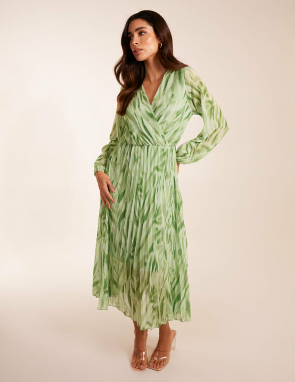 Abstract Wrap Pleated Midi Dress - S / GREEN