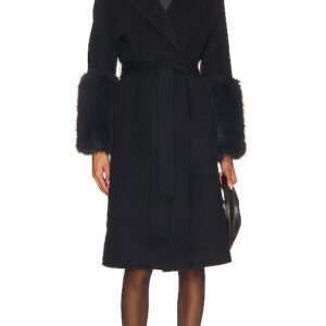 Adrienne Landau Faux Fur Trim Wool Coat in Navy. Size M.