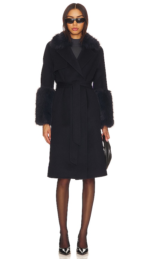 Adrienne Landau Faux Fur Trim Wool Coat in Navy. Size M.