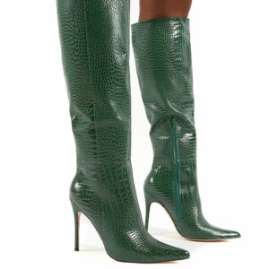 Aimi Green Croc Knee High Stiletto Heel Boots