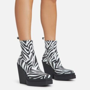 Aki Square Toe Platform Wedge Heel Ankle Sock Boot In Zebra Print Faux Leather, Women's Size UK 3