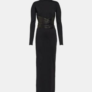 Alaïa Leather-trimmed jersey maxi dress