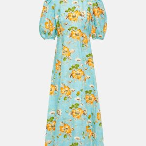 Alémais Floral puff-sleeve linen midi dress