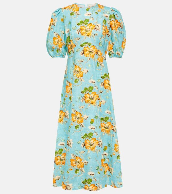 Alémais Floral puff-sleeve linen midi dress