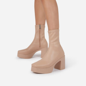 Alessandra Platform Sole Block Heel Ankle Sock Boot In Nude Faux Leather, Nude