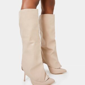 All Yours Nude Pu Fold Over Pointed Toe Stiletto Knee High Boots