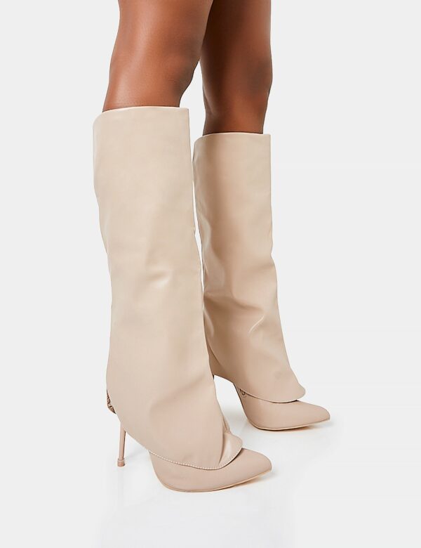 All Yours Nude Pu Fold Over Pointed Toe Stiletto Knee High Boots