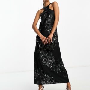 AllSaints Betina Diana printed halter maxi dress in black