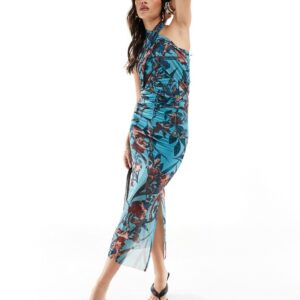 AllSaints Kaih Batu cross halter neck midi dress in lagoon blue