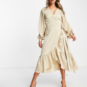 Amy Lynn wrap satin midi dress in champagne-Gold