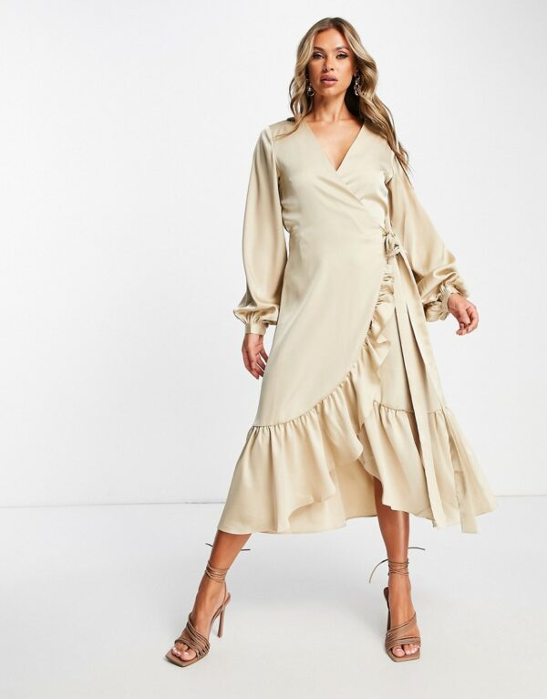 Amy Lynn wrap satin midi dress in champagne-Gold